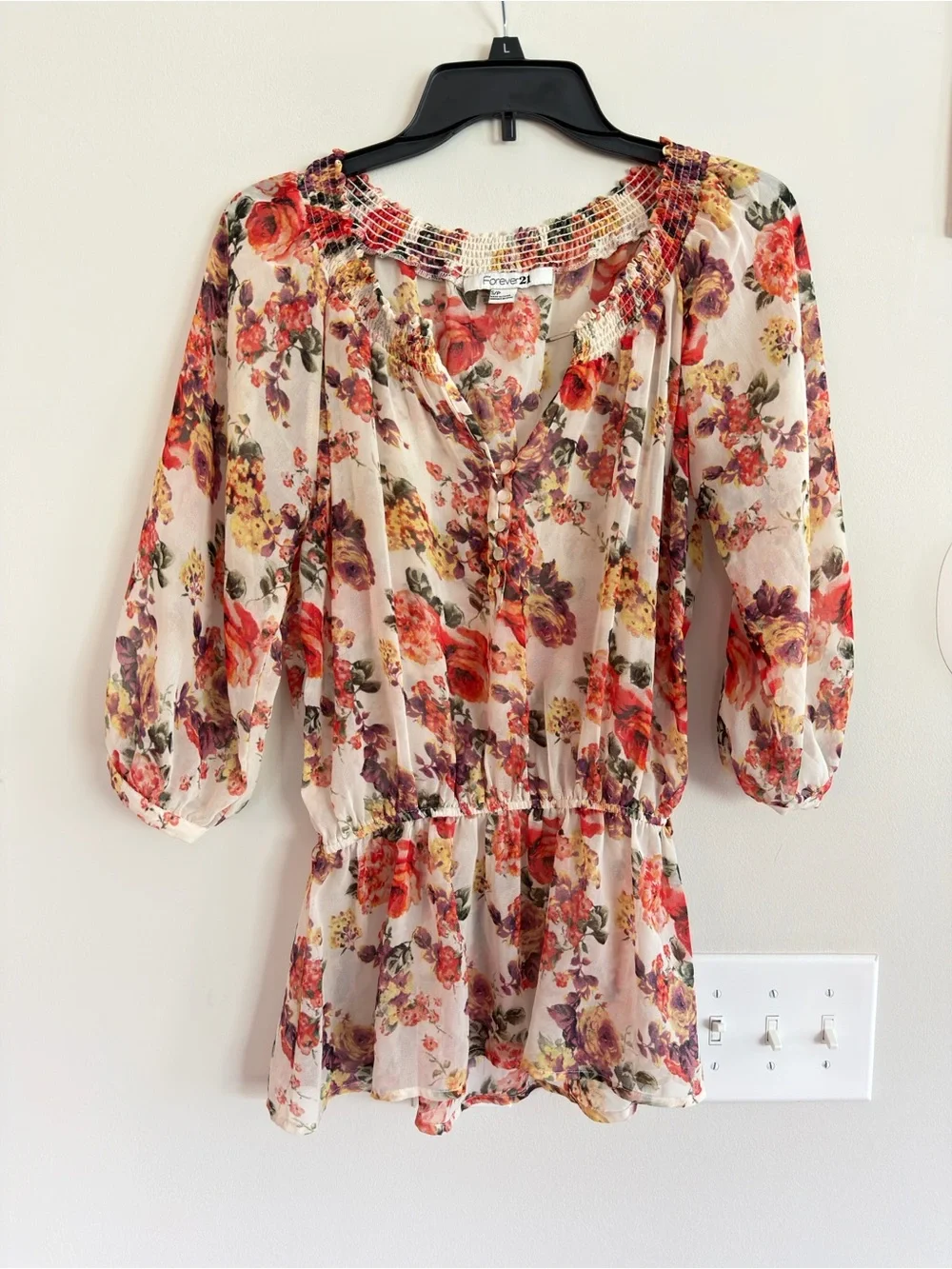 Forever 21 Cream Floral Peasant Tunic with Red & Purple Blooms